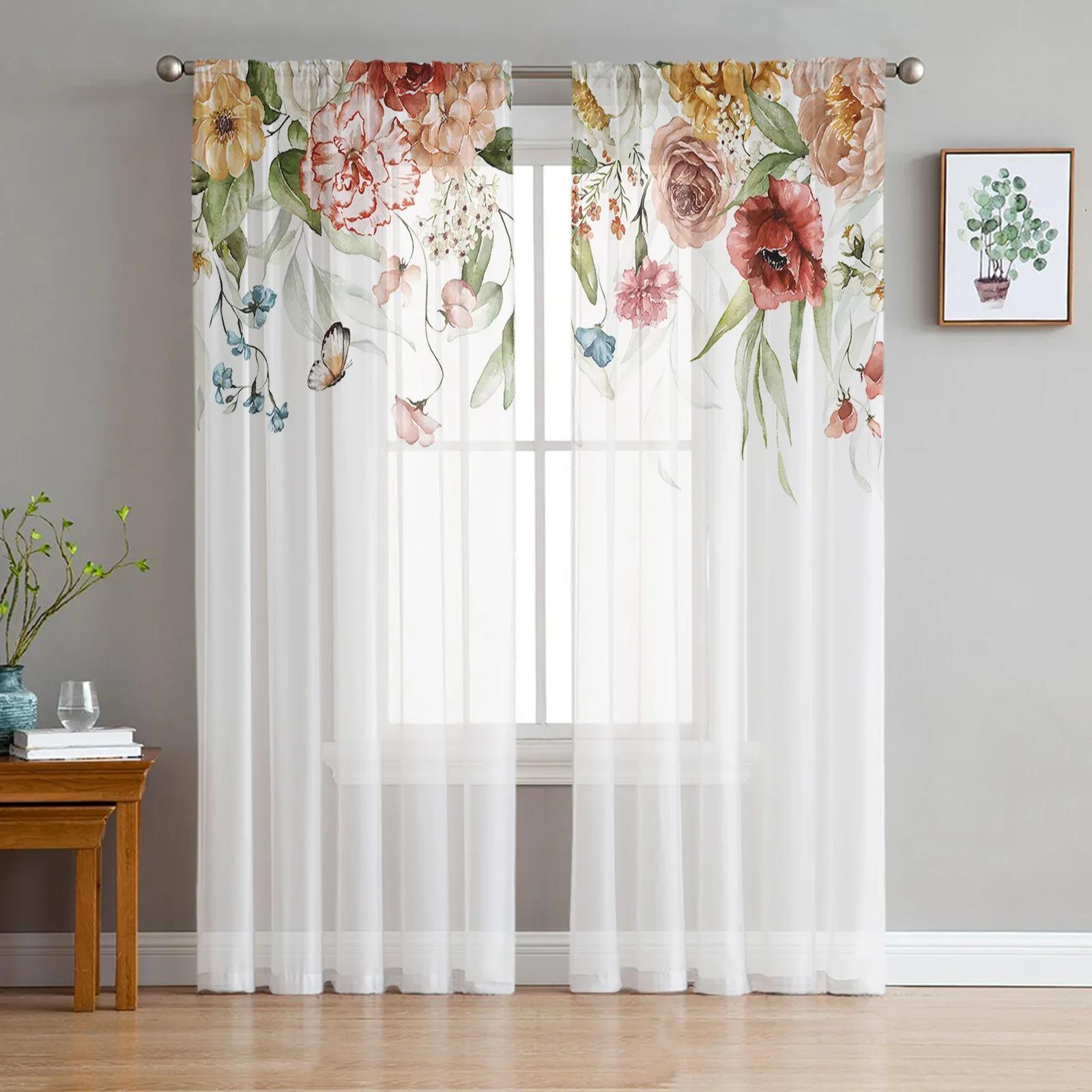 

Spring Flower Rose Sheer Drapes Ideal for Bedroom Living Room Decoration Window Curtain for Kitchen Tulle Sheer Fabric Silk-like Fabric Drapes W135 x H115cm x1&Grommet Top
