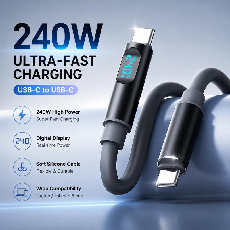 240W Multifunctional Led Digital Display Usb C To Usb C Fast Charging Cable, Soft Silicone Type C Charger Cord For Laptop Phone