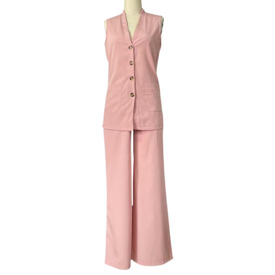 Damen 2-teiliges Leinen-Set Ärmelloses V-Ausschnitt Knopfleiste Tanktop und Weite Hosen Set Sommer Lässig Lounge Outfits