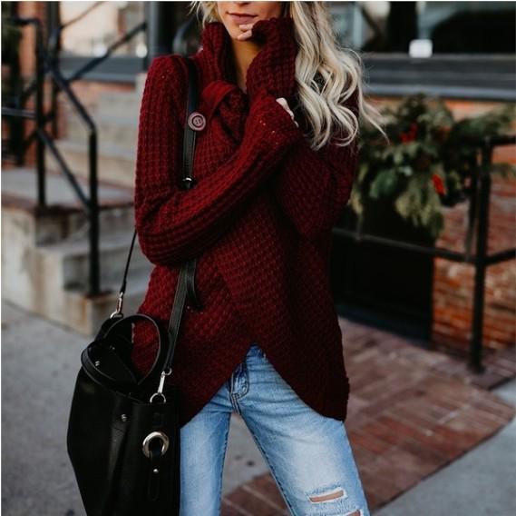 Autumn/Winter Women's Long-Sleeve Irregular Knit Color Block Button Sweater