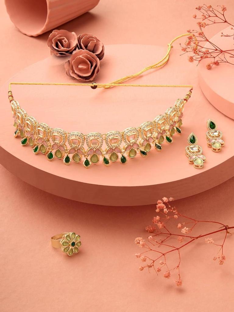 Green Pink Stones Austrian Diamonds Embellished Choker Necklace Earring & Ring Set For Women
