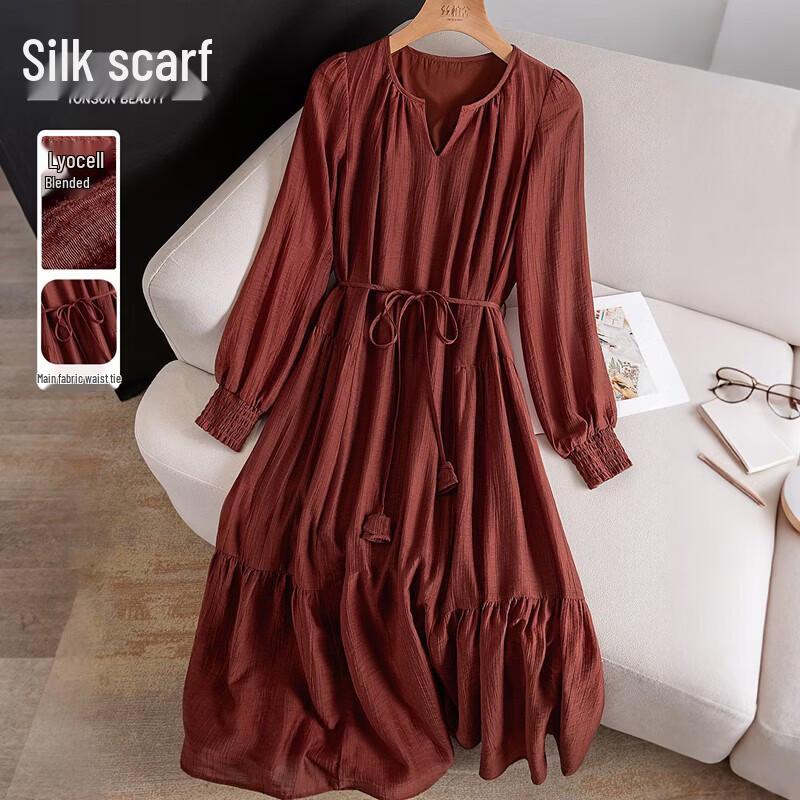 Lyocell Blend Draped A-Line Long Sleeve Midi Dress M кирпич красный