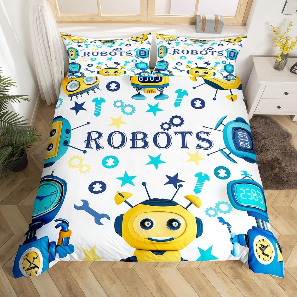 Cartoon Robot Duvet Cover Watercolor Screw Tools Bedding Set Modern Sci-Fi Robot Comforter Cover For Kids Polyester Quilt Cover