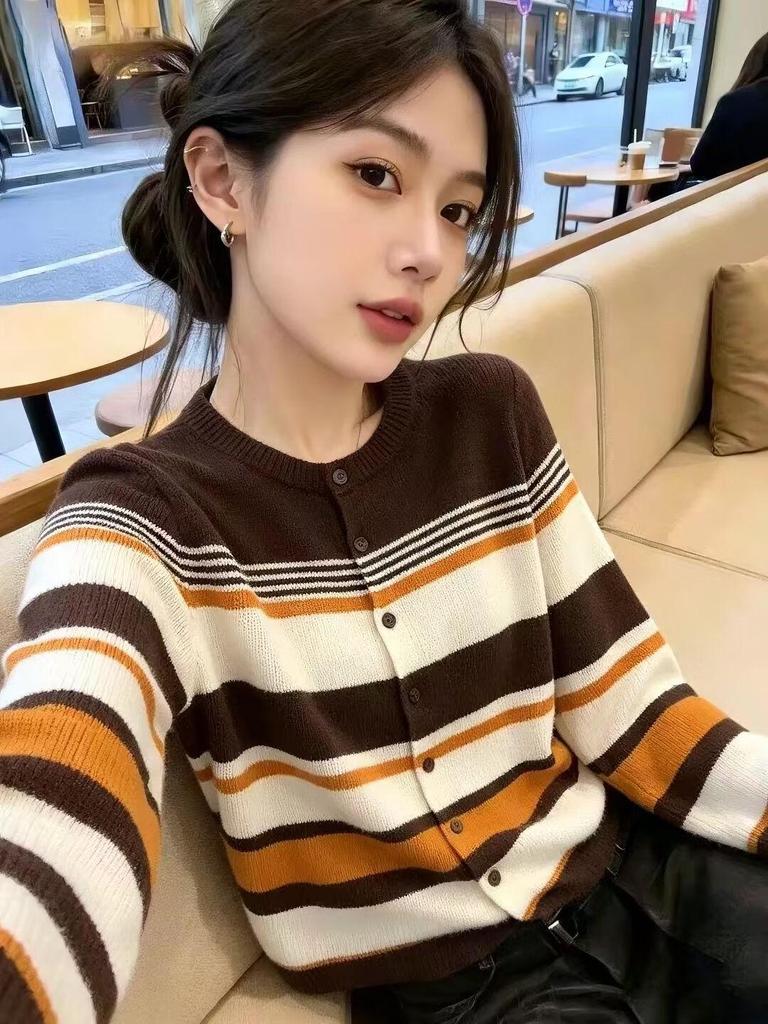 Vintage Preppy Color-Block Striped Knit Cardigan