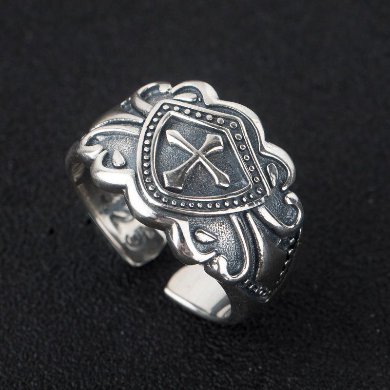 Sterling Silver Couples Crusader Shield Ring - Open Wide Retro Punk Style