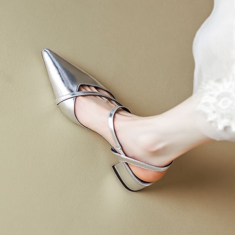 French silver medium heel hollow pointed sandals 2025 new retro versatile bag head light mouth thick heel empty shoes summer