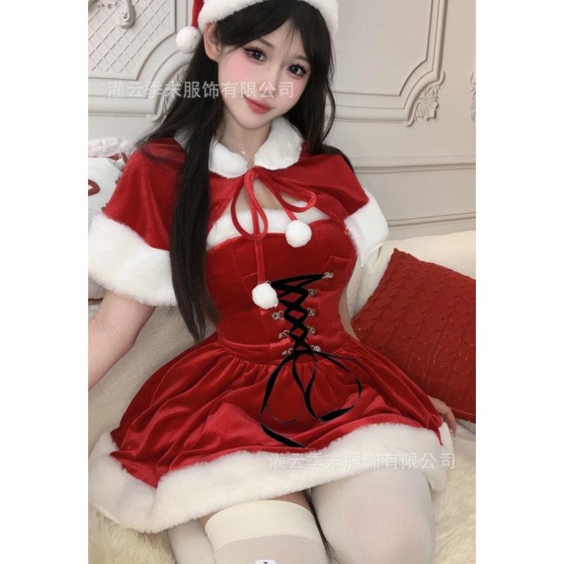 Sexy Lingerie Princess Look! Christmas Shawl Velvet Dress Sexy Lace-up Waist Pure Lust B82
