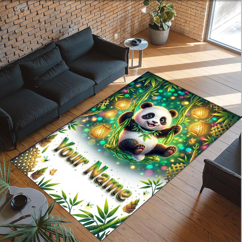 Panda Theme Crystal Velvet Rug Personalized Custom Name Text Soft Floor Mat Home Decor