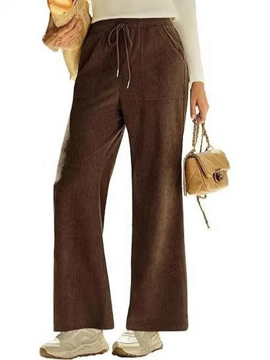 2026 High Waist Lace-Up Corduroy Barrel Pants with Pockets - Wide Leg, Casual, Elastic Long Pants