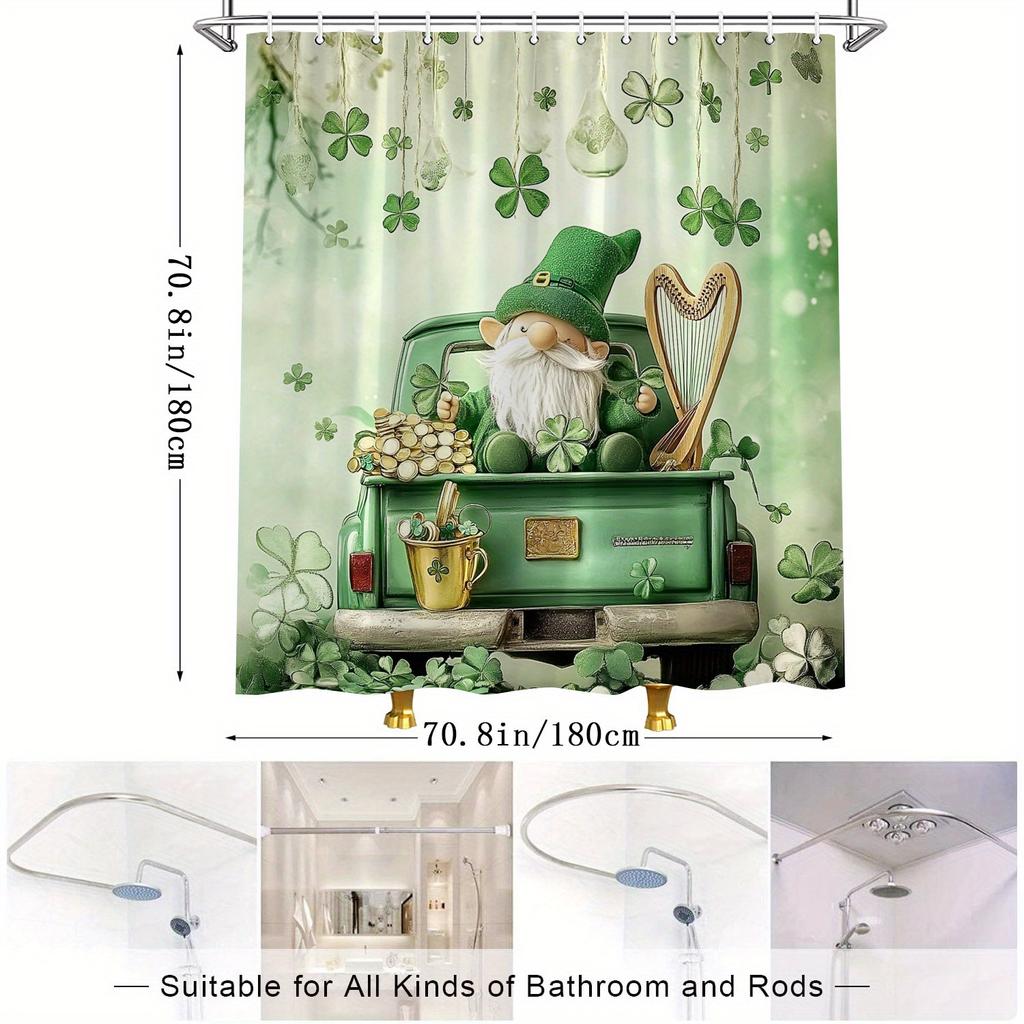 St. Patrick'S Day Shower Curtain - Leprechaun, Green Hat & Shamrocks, Floating Clovers & Harp, Water-Resistant Polyester