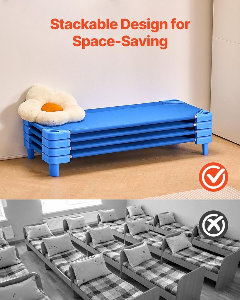 Stackable Kiddie Cot 52" X 23" Daycare Nap Cots for Kids Blue (Pack of 4)