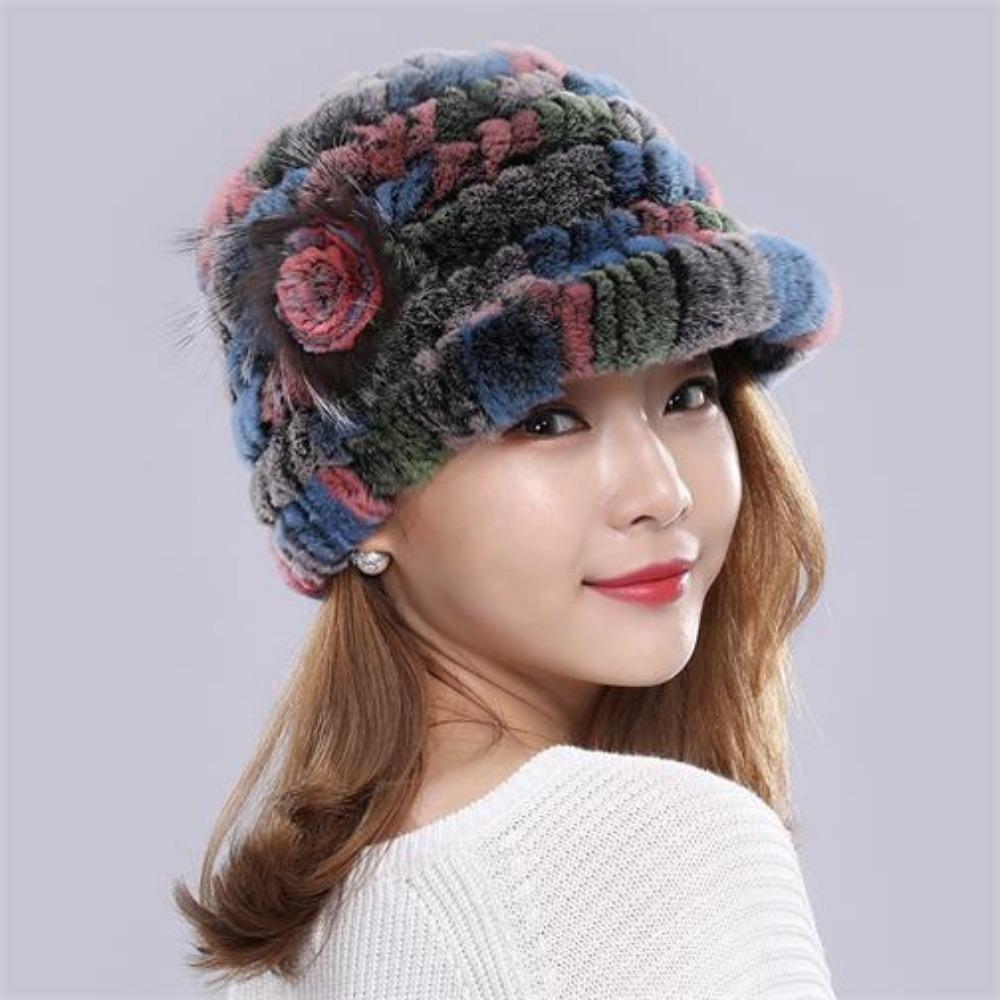 Autumn and Winter Rex Rabbit Fur Duckbill Hat with Rose Side Flower Women's Fox Fur Hat Knitted Warm Thick Fashion Hat with Brim