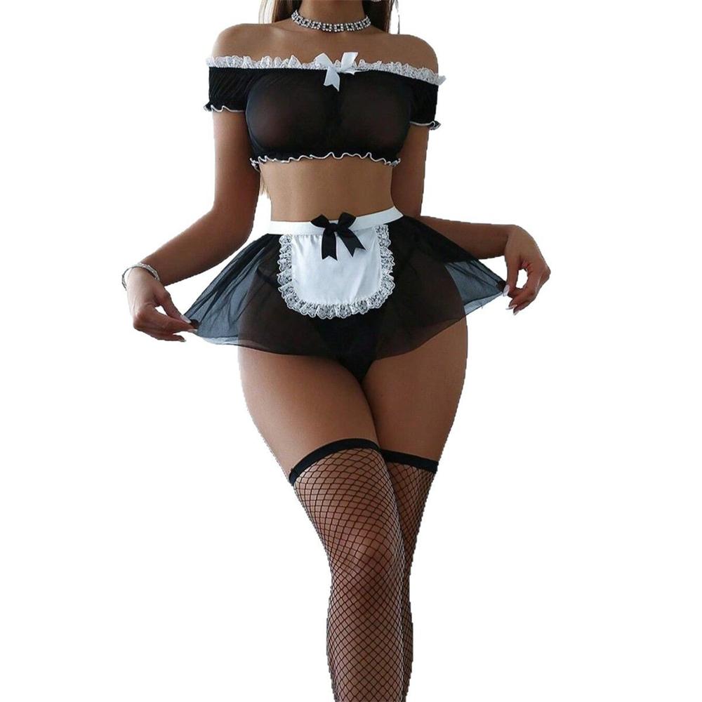 Women Sexy Lingerie Porno Sheer Dress Set With Stockings Erotic Underwear 3-piece G-String Nghtwear Female Hot Exotc Set Costume