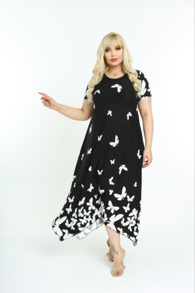 Damen Übergröße Kleid Asymmetrischer Schnitt Schmetterlingsmuster Kurzarm Plus Size Kleid
