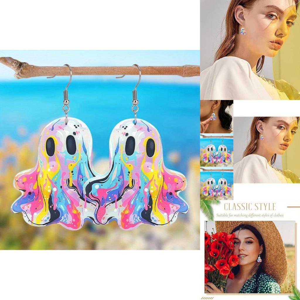Adorable Colorful Ghost Earrings Made Of Acrylic Fun Cartoon Style Halloween Accessories