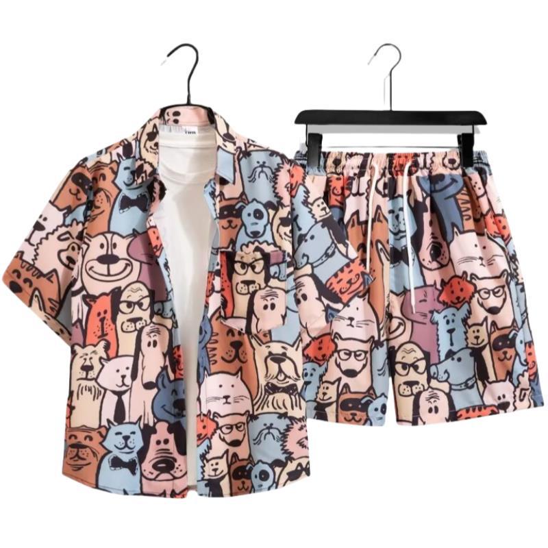 Unisex Summer Ice Silk Quick-Dry Hawaiian Shirt & Shorts Set