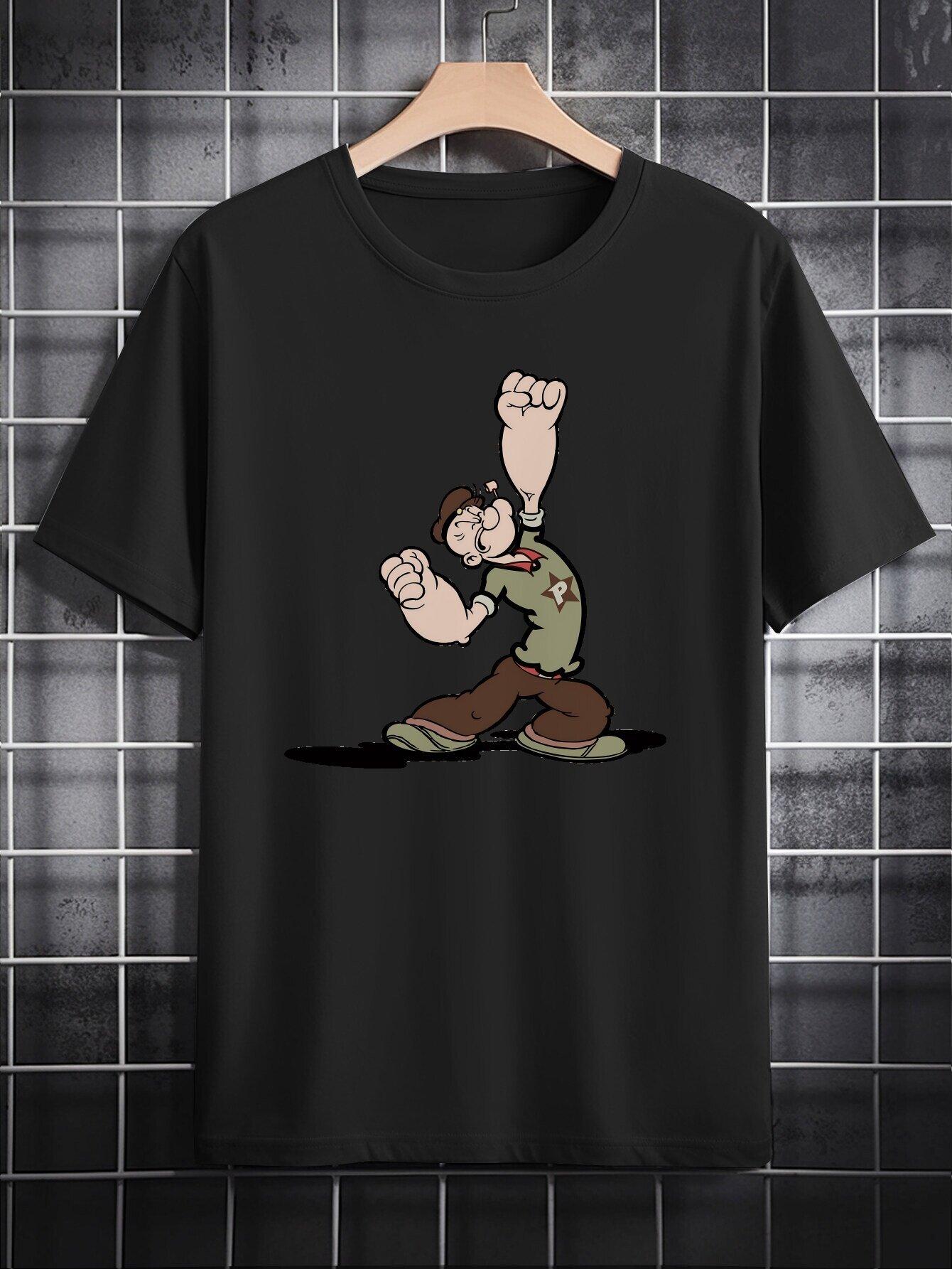 

Everyday Comfort | Casual Crew Neck T-shirt with Popeye Cartoon Print - Black Short Sleeve Summer Tee L