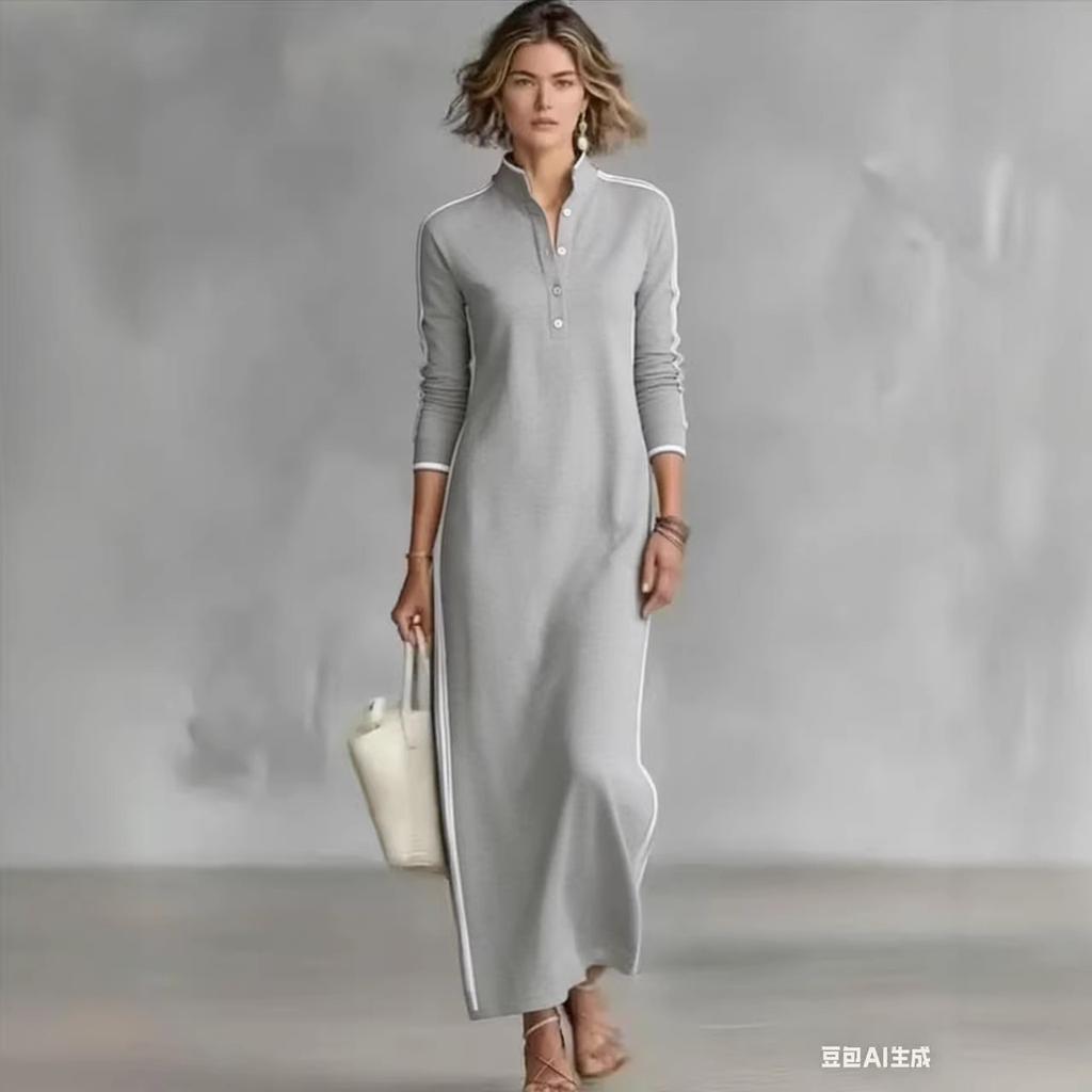 Black Long Sleeve Collar Dress with White Buttons and Stripes