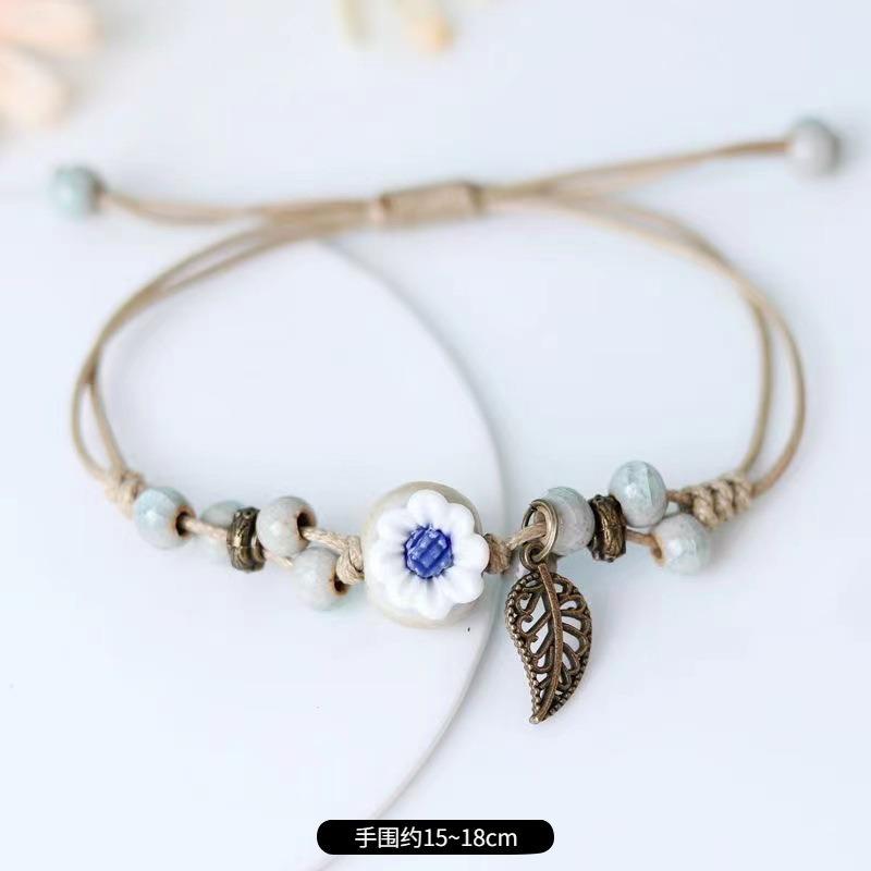 Retro ceramic flower woven bracelet niche literary hand rope small fresh bell bracelet female