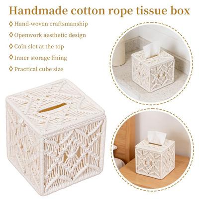 Square Tissue Box Holder Open-Bottom Boho Decor Bohemian Handmade Woven Organizer Tissue Container Bedroom Living Room