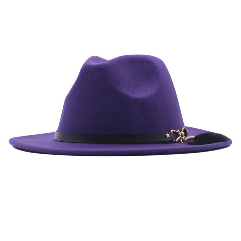 Autumn and winter woolen top hat British style classic flat edge jazz hat fashionable versatile women's hat metal buckle feather hat