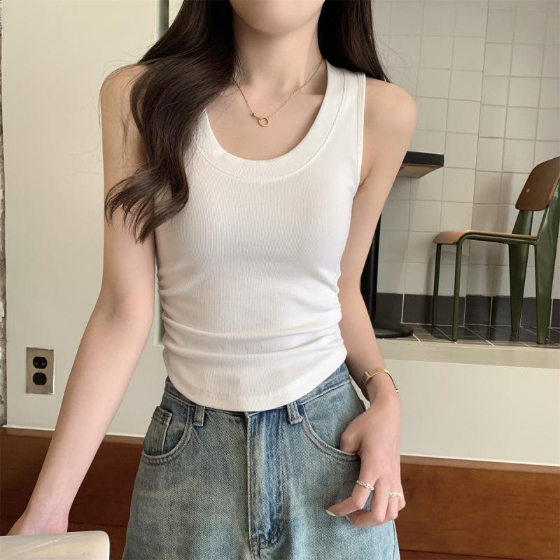 Korean Style Slim-Fit Cotton U-Neck Pleated Summer Tank Top for Women
