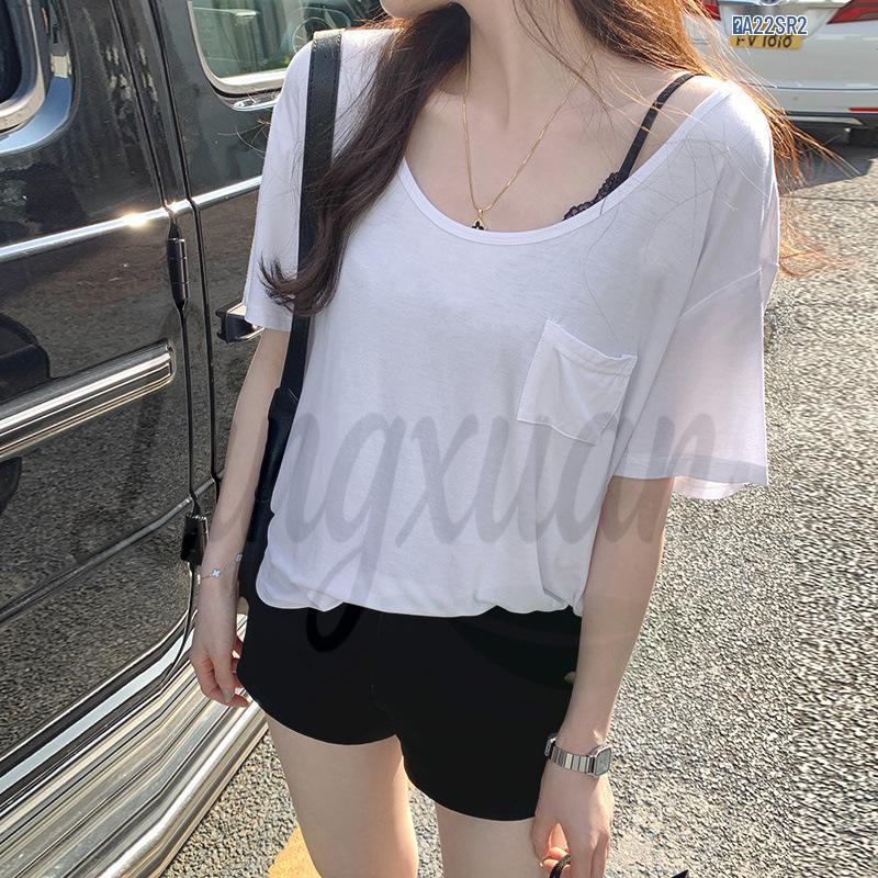 Korean Style V-Neck Pocket T-Shirt: Summer Casual Short-Sleeve Top for Women Medium белый