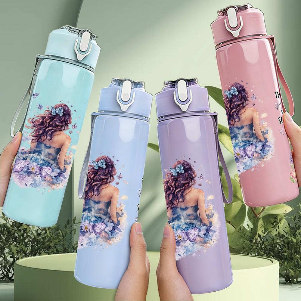 1PC Purple Girl Faith Quote Art Print 750ml Color Plastic Sports Water Bottle Leakproof Flip Straw Lid Suitable for Sports Office Home Use