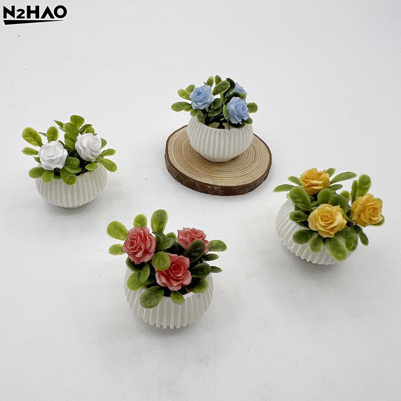 1Pcs Plastic Flower Doll House Living Room Scene Decoration Mini Rose Plant Potted Plants Model Miniature Landscape Handicrafts