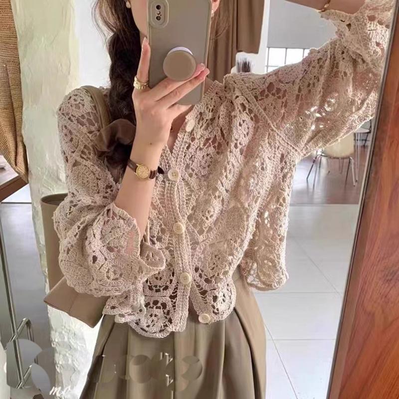 Elegant Long Sleeve Lace Hollow Women Blouse New Cotton Cardigan Female Shirt Ladies Spring and Summer O Neck Casual Versatile Cardigan Female Clothes