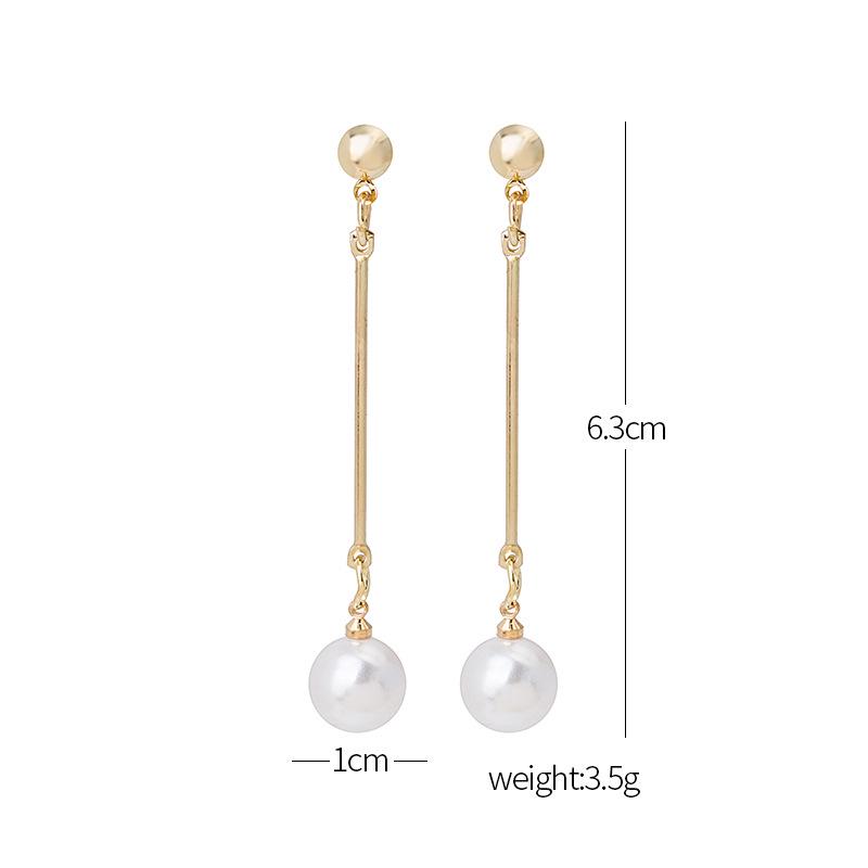 E720 Gold-Plated Long Pearl Earrings - Korean OL Style