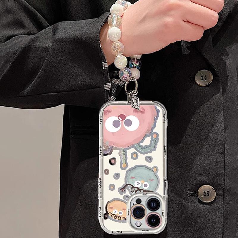 Cute Briquette Suitable for Apple 16promax Mobile Phone Case Painted with Bracelet 15pro Cartoon Cream Mirror 14p