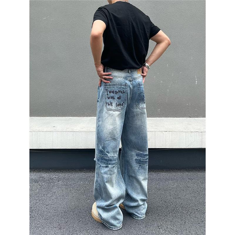 American spring and summer new retro ripped washed blue jeans men's street loose straight casual long pants