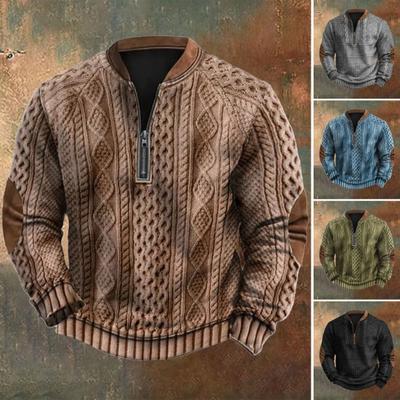 Sonbahar Kış Erkek Sweatshirt Yarım Fermuarlı Eşkenar Dörtgen Doku Patchwork Yuvarlak Yaka Kazak Uzun Kollu Günlük Açık Hava Spor Üst