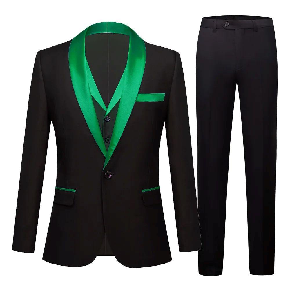 Fashion New Men's Casual Black Blazer Sets 3 Pcs/ Multicolor Small Shawl Collar Party Wedding Singer Show Suit Jacket Pants Vest