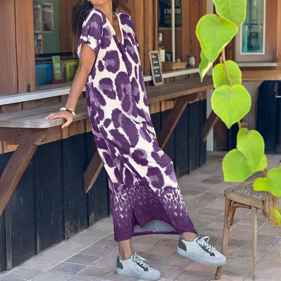 Women Summer T-shirt Shift Dress Leopard Print Short Sleeve V Neck