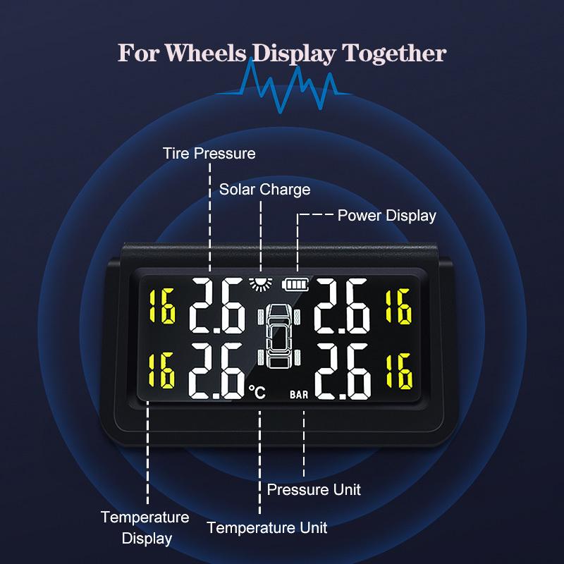 Solar Wireless Tire Pressure Monitoring System TPMS Auto Security Alarm Device Digital Colorful Display With 4 sensors
