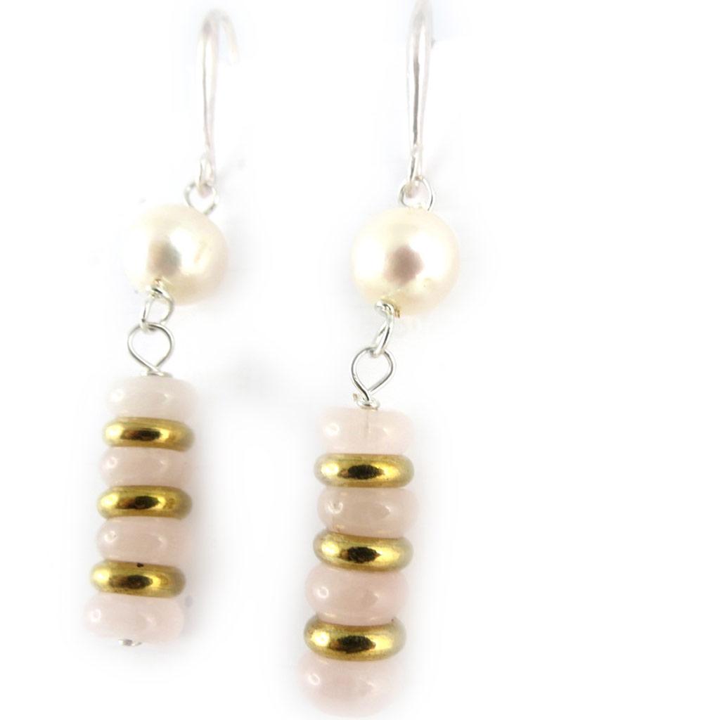 Les Trésors De Lily [K7298] - Boucles 'Beauté Biwa' doré ivoire quartz rose