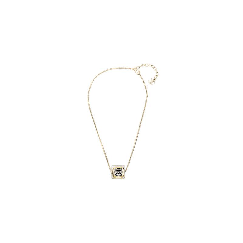 CHANEL Metal Rhinestone Classic Double C Pendant Necklace Gold Women's