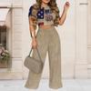 Women Plus Size Round Neck Short Sleeve Heart Printed Crop Top Wide Leg Pants Two Piece Set