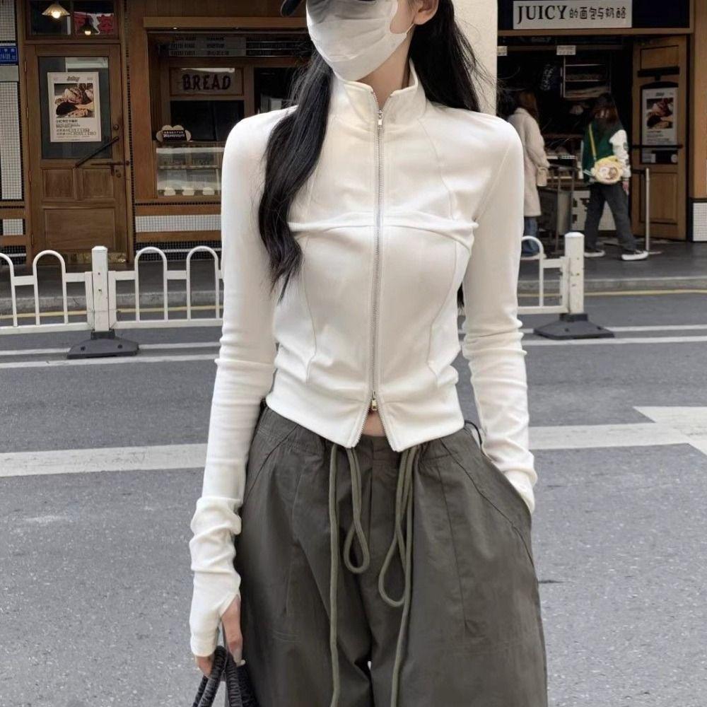 Slim Fit Long Sleeve Shirt Stand-up Collar Crop Tops Women Casual Female Solid Sweatshirt  Women