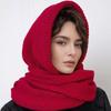 Solid Color Knitted Hooded Scarf Beanie Cross Hooded Cap Cute Hat and Scarf 2-in-1  Outdoor