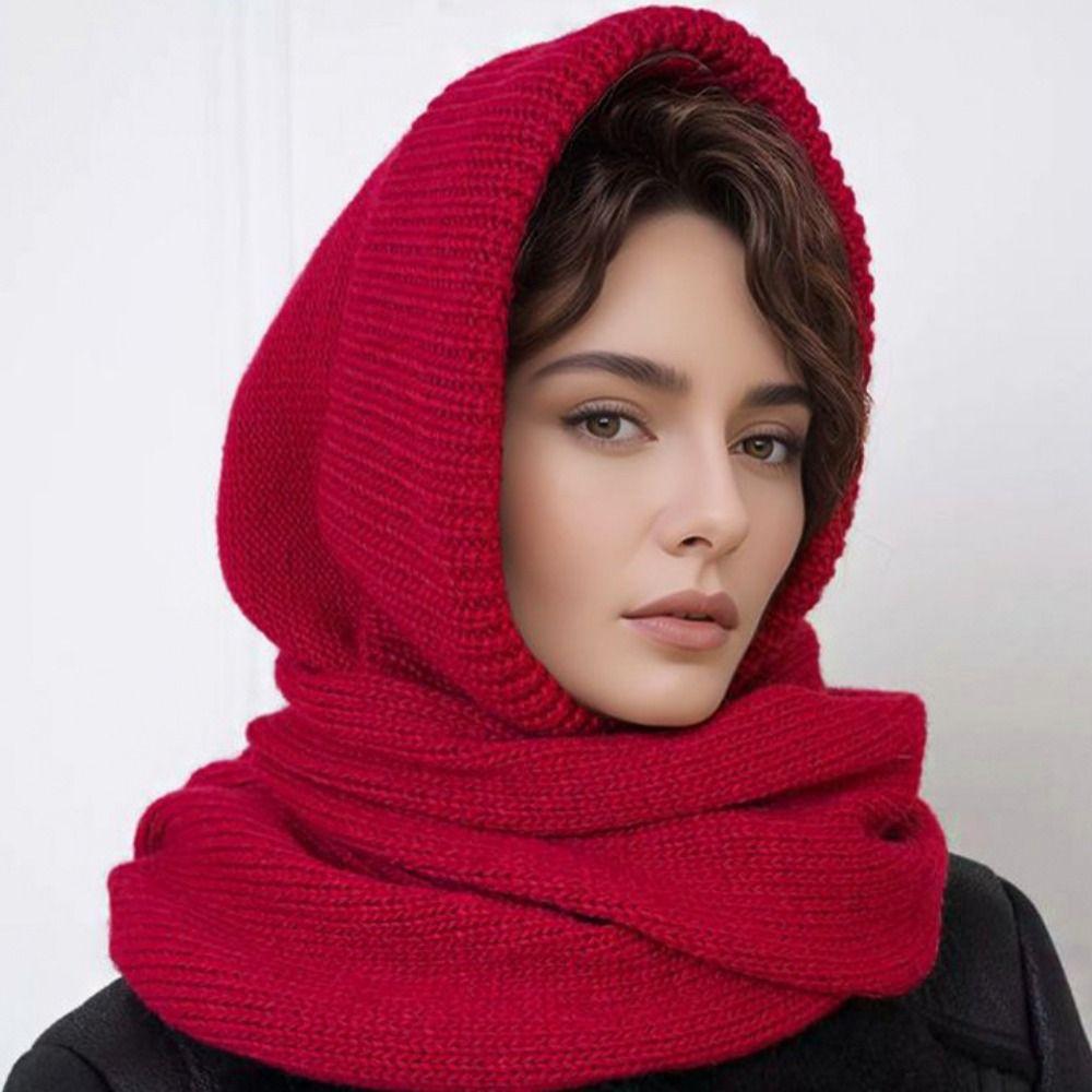 Solid Color Knitted Hooded Scarf Beanie Cross Hooded Cap Cute Hat and Scarf 2-in-1 Outdoor