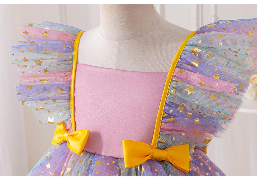Children's Princess Dress Set with Seven-Color Wing Sleeves, Starry Mesh, and Fluffy Ball Gown