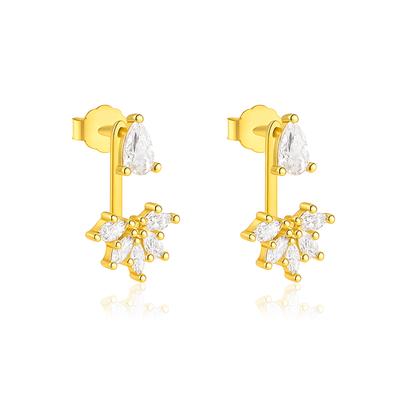 Pear and Marquise Floral Drop Earrings - 925 Sterling Silver Yellow Plated
