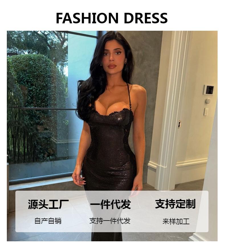 European and American Fashion Light Luxury Long Evening Dress Sexy Suspender Full Diamond Lace Slim Temperament