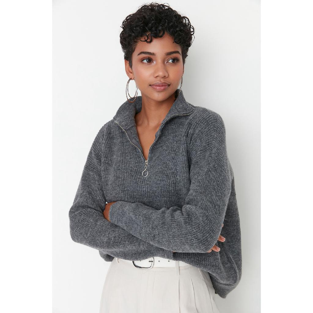 Anthracite Soft Textured Zippered Knitwear Sweater Twoaw20xs0009