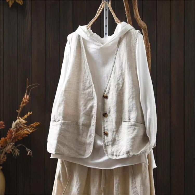 Vintage Patchwork Pockets Sleeveless Summer Coat Women Solid Color Button Johnature Female Coats