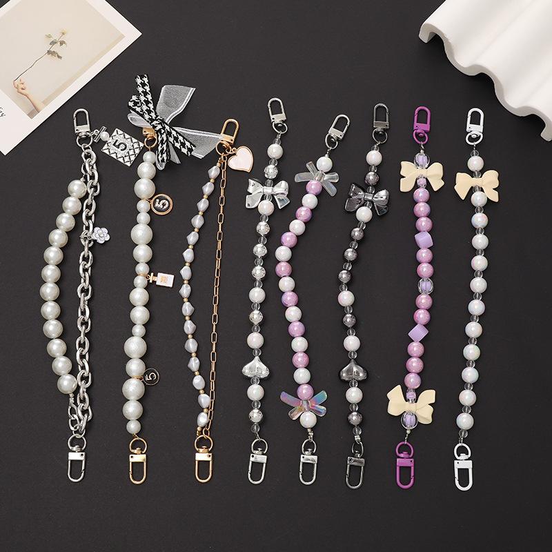 Fashion Colorful Acrylic Pearl Round Beads Mobile Phone Case Chain Bows Heart Anti-Drop Cellphone Lanyard Strap For Women Girls