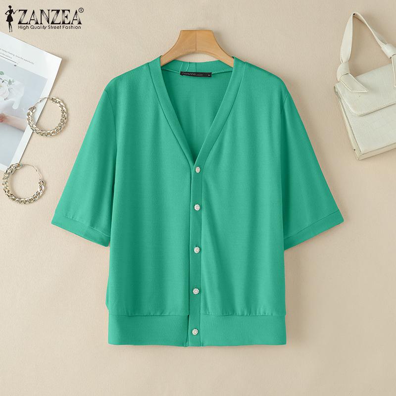 ZANZEA Women Casual V-Neck Solid Color Short Sleeve Blouse